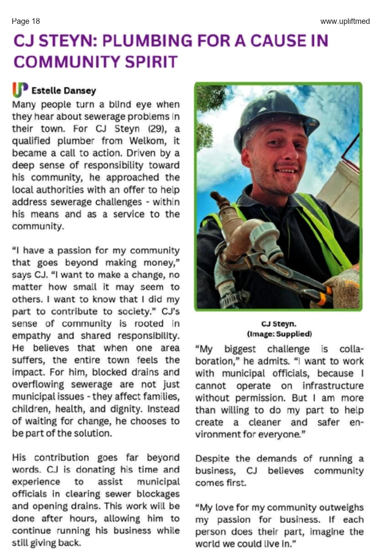 CJ Steyn: Plumbing for a Cause in Community Spirit — Uplift Media News March 2026 Page 18